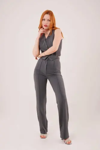 Front Seam Detail Single Button Gray Pants - 1