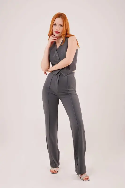 Front Seam Detail Single Button Gray Pants - BÜYÜKBEDENIZ