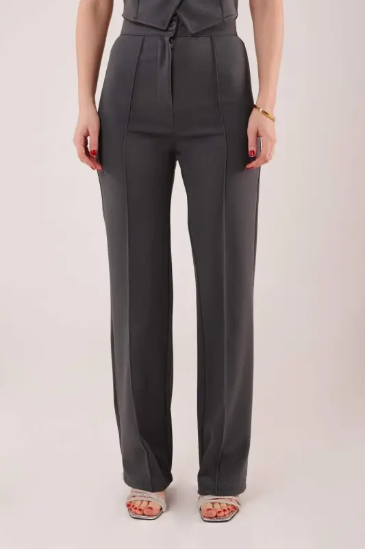 Front Seam Detail Single Button Gray Pants - 2