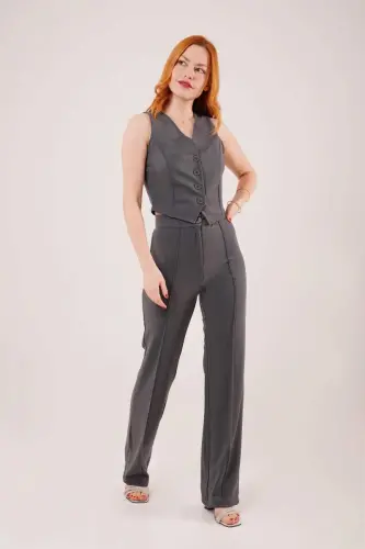 Front Seam Detail Single Button Gray Pants - 3