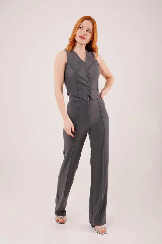 Front Seam Detail Single Button Gray Pants - 3
