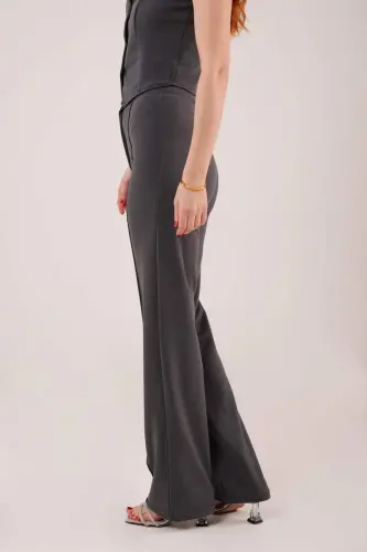 Front Seam Detail Single Button Gray Pants - 4