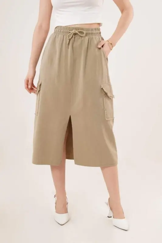 Front Slit Pocket Detail Khaki Skirt - BÜYÜKBEDENIZ