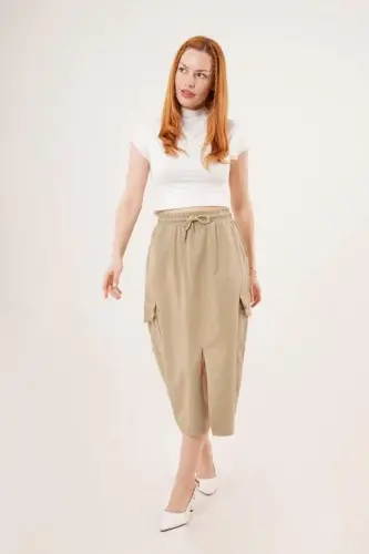 Front Slit Pocket Detail Khaki Skirt - BÜYÜKBEDENIZ (1)