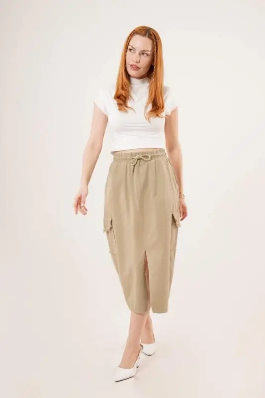 Front Slit Pocket Detail Khaki Skirt - 2
