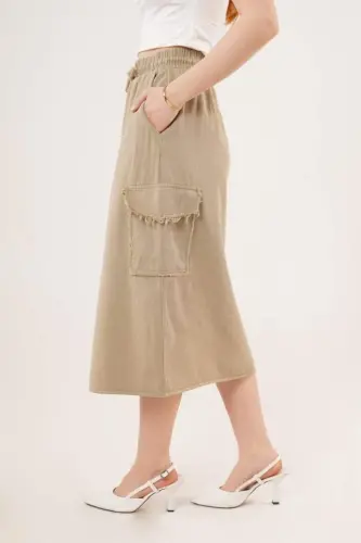 Front Slit Pocket Detail Khaki Skirt - 3
