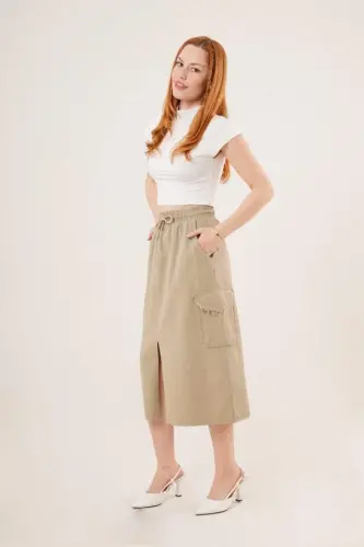 Front Slit Pocket Detail Khaki Skirt - 4