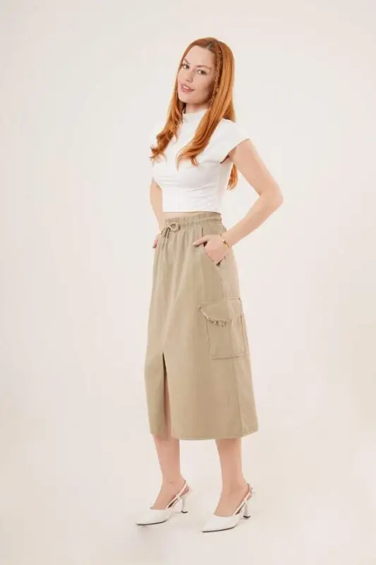 Front Slit Pocket Detail Khaki Skirt - 4