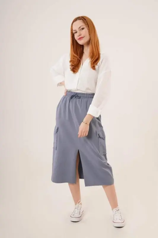 Front Slit Pocket Detailed Indigo Skirt - 2