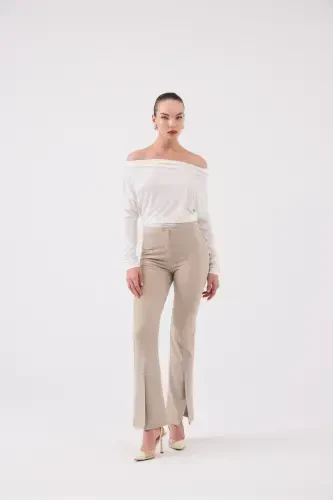 Front Slit Striped High Waist Algo Pants Beige - HOLLY LOLLY (1)