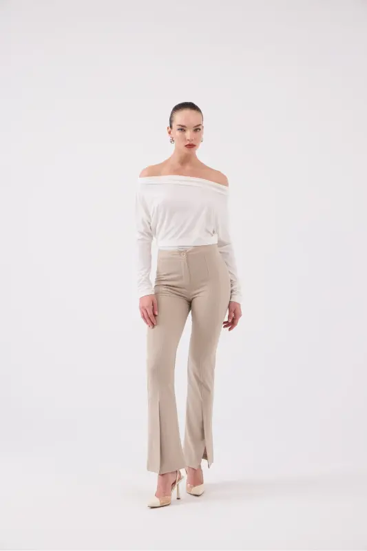 Front Slit Striped High Waist Algo Pants Beige - 2