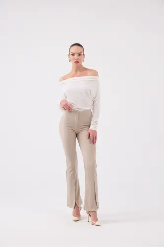 Front Slit Striped High Waist Algo Pants Beige - 3