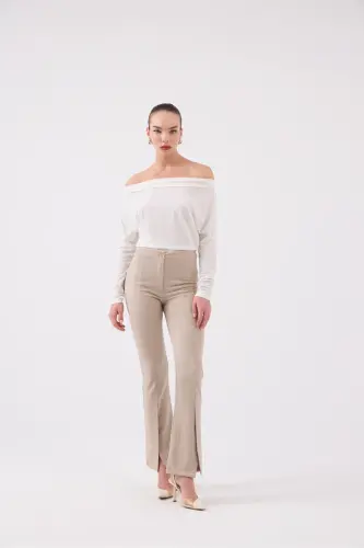Front Slit Striped High Waist Algo Pants Beige - 4