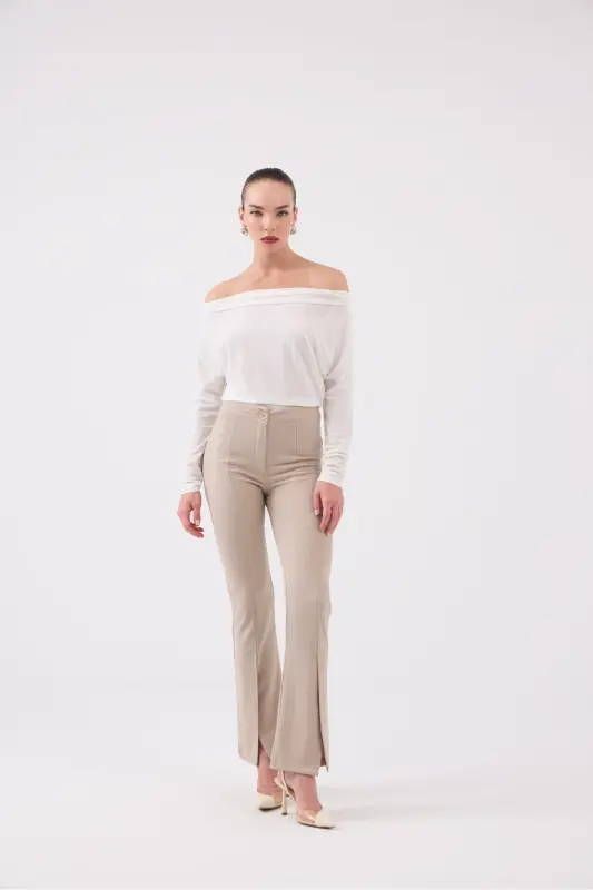 Front Slit Striped High Waist Algo Pants Beige - 4