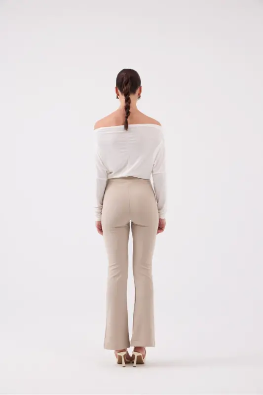 Front Slit Striped High Waist Algo Pants Beige - 5