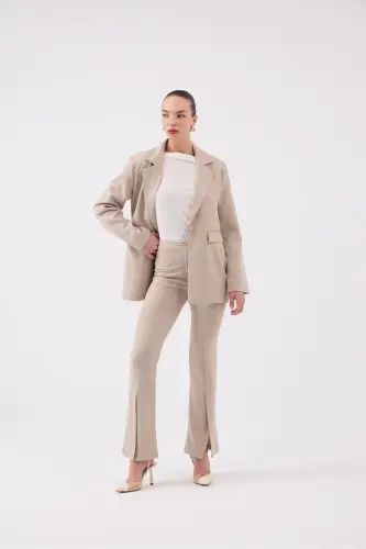 Front Slit Striped High Waist Algo Pants Beige - 1