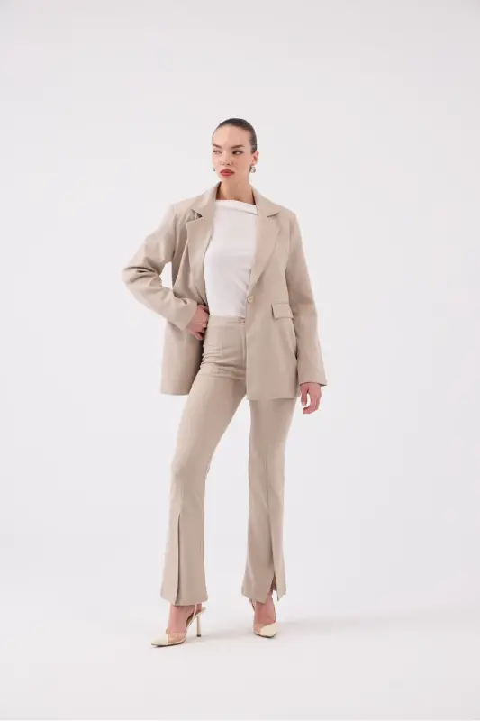 Front Slit Striped High Waist Algo Pants Beige - 6