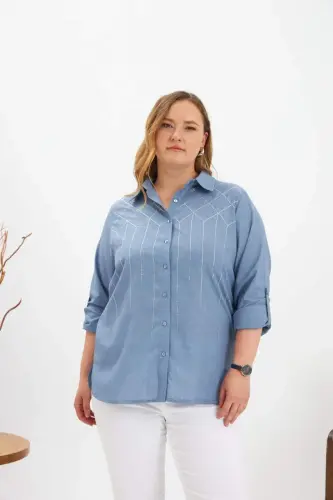 Front Stone Detailed Plus Size Shirt Blue - 1