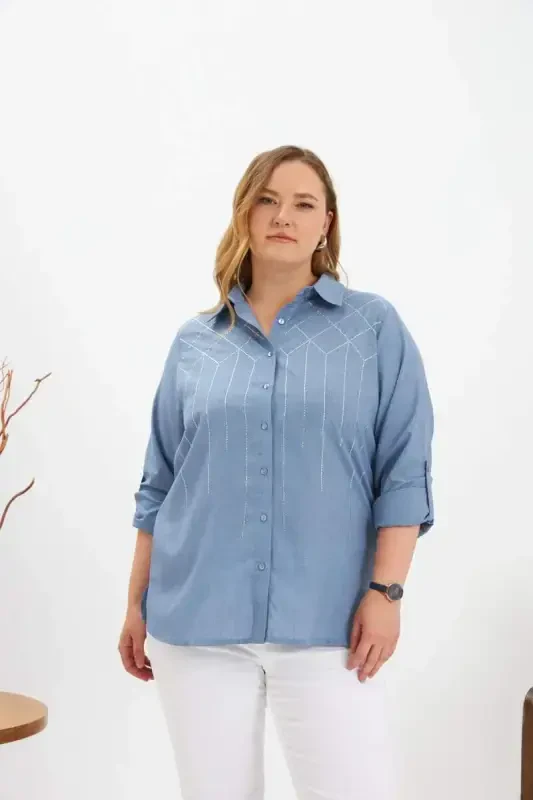 Front Stone Detailed Plus Size Shirt Blue - BÜYÜKBEDENIZ