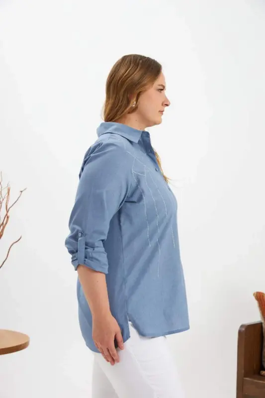 Front Stone Detailed Plus Size Shirt Blue - 2