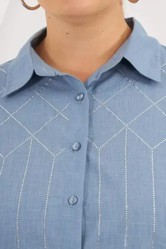 Front Stone Detailed Plus Size Shirt Blue - 3