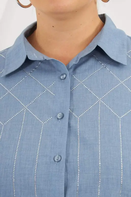 Front Stone Detailed Plus Size Shirt Blue - 3