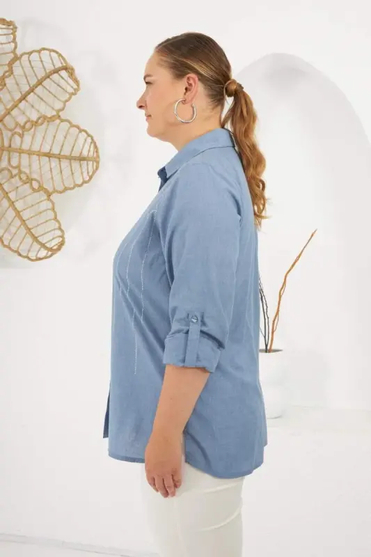 Front Stone Detailed Plus Size Shirt Blue - 4