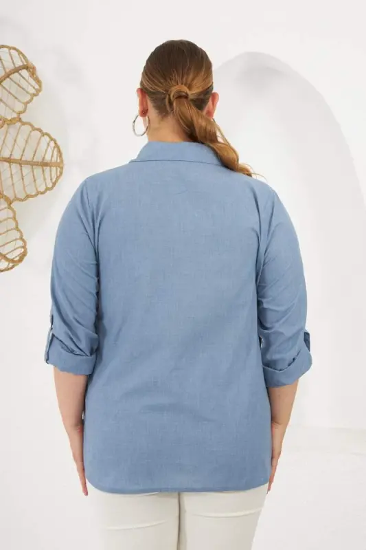 Front Stone Detailed Plus Size Shirt Blue - 5