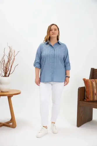 Front Stone Detailed Plus Size Shirt Blue - 6