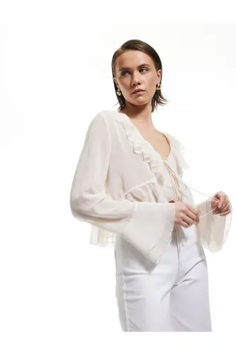 Front Tie Detail Asymmetric Long Sleeve Ruffle - 1