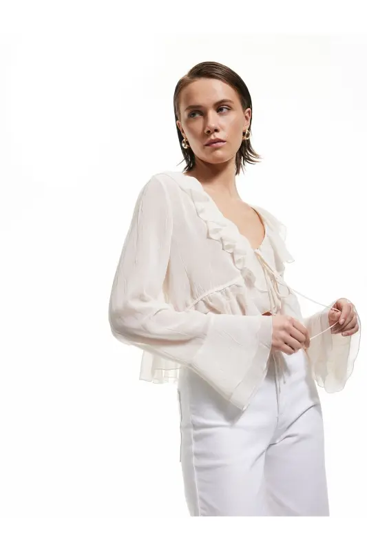 Front Tie Detail Asymmetric Long Sleeve Ruffle - 1