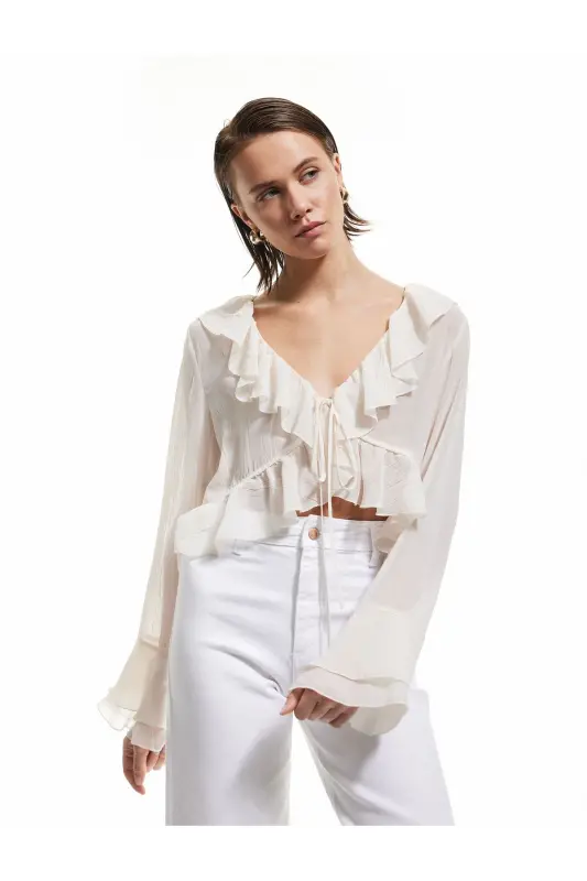 Front Tie Detail Asymmetric Long Sleeve Ruffle - 2