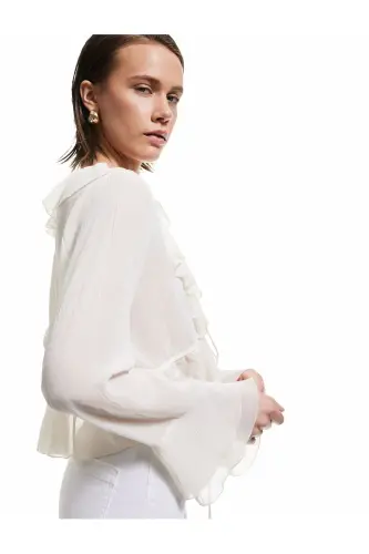 Front Tie Detail Asymmetric Long Sleeve Ruffle - 3