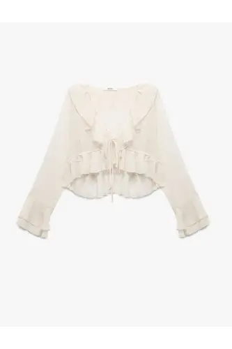 Front Tie Detail Asymmetric Long Sleeve Ruffle - 4