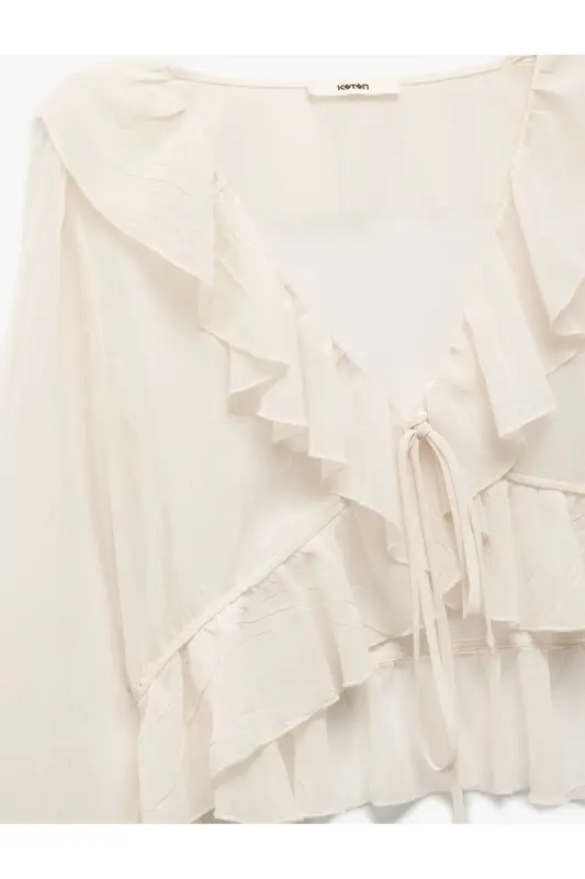 Front Tie Detail Asymmetric Long Sleeve Ruffle - 6