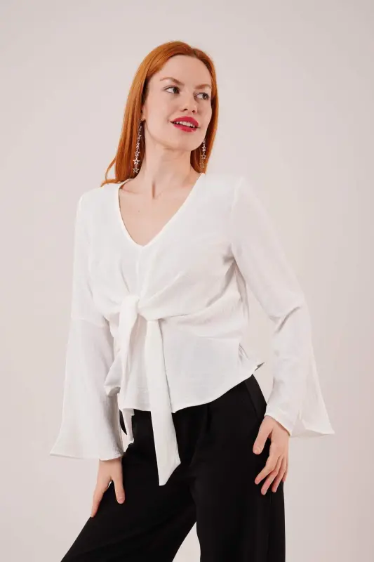 Front Tie Flutter Sleeve White Blouse - 1