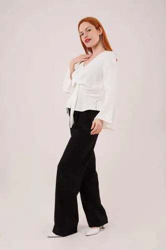 Front Tie Flutter Sleeve White Blouse - BÜYÜKBEDENIZ (1)