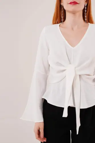 Front Tie Flutter Sleeve White Blouse - 3