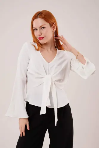 Front Tie Flutter Sleeve White Blouse - 4
