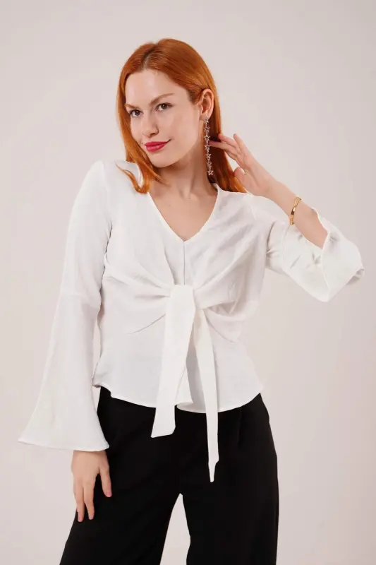 Front Tie Flutter Sleeve White Blouse - 4