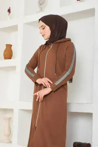 Front Zippered Hooded Sport Abaya BTS0008 Coffee-Coffee - 5