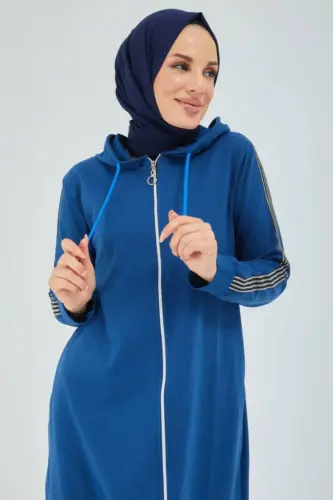 Front Zippered Hooded Sport Abaya Bts0008 Indigo-Indigo - 3