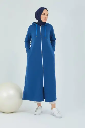 Front Zippered Hooded Sport Abaya Bts0008 Indigo-Indigo - 5