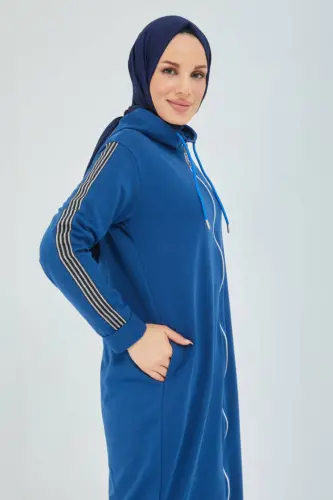 Front Zippered Hooded Sport Abaya Bts0008 Indigo-Indigo - 6