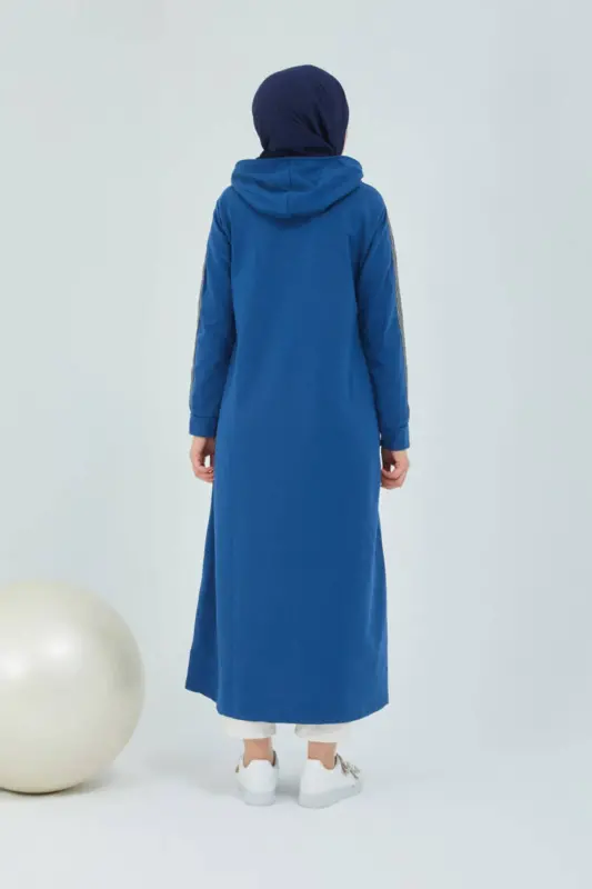 Front Zippered Hooded Sport Abaya Bts0008 Indigo-Indigo - 7