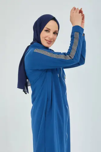 Front Zippered Hooded Sport Abaya Bts0008 Indigo-Indigo - 8