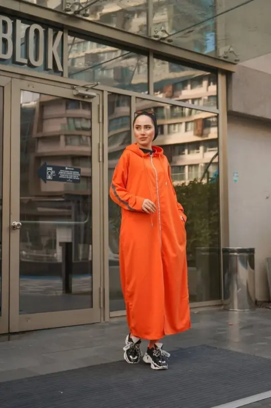 Front Zippered Hooded Sport Abaya Bts0008 Orange-Orange - BURCU TESETTÜR