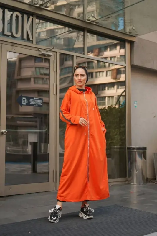 Front Zippered Hooded Sport Abaya Bts0008 Orange-Orange - 5