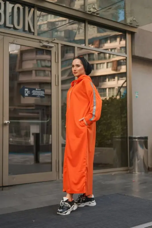 Front Zippered Hooded Sport Abaya Bts0008 Orange-Orange - 6