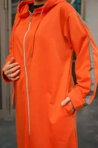 Front Zippered Hooded Sport Abaya Bts0008 Orange-Orange - GENEL MARKALAR (1)